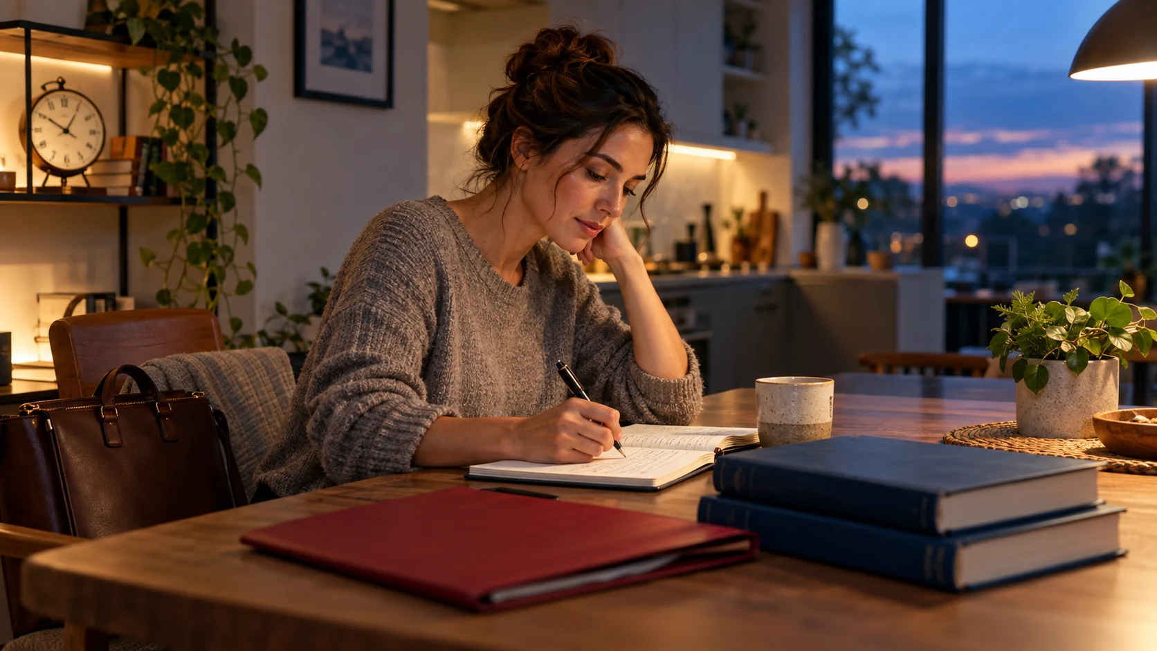 Editorial illustration of a woman planning study and work commitments at a kitchen table at dusk.