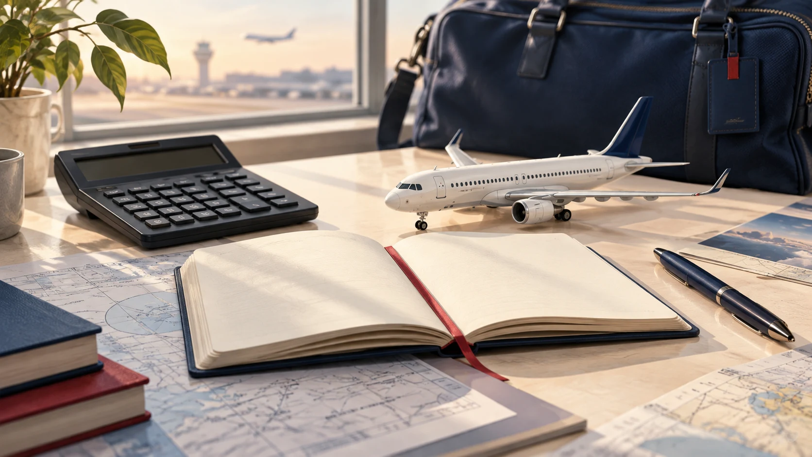 Illustration of a calculator, notebook, model airliner and travel bag for planning dispatcher training costs.