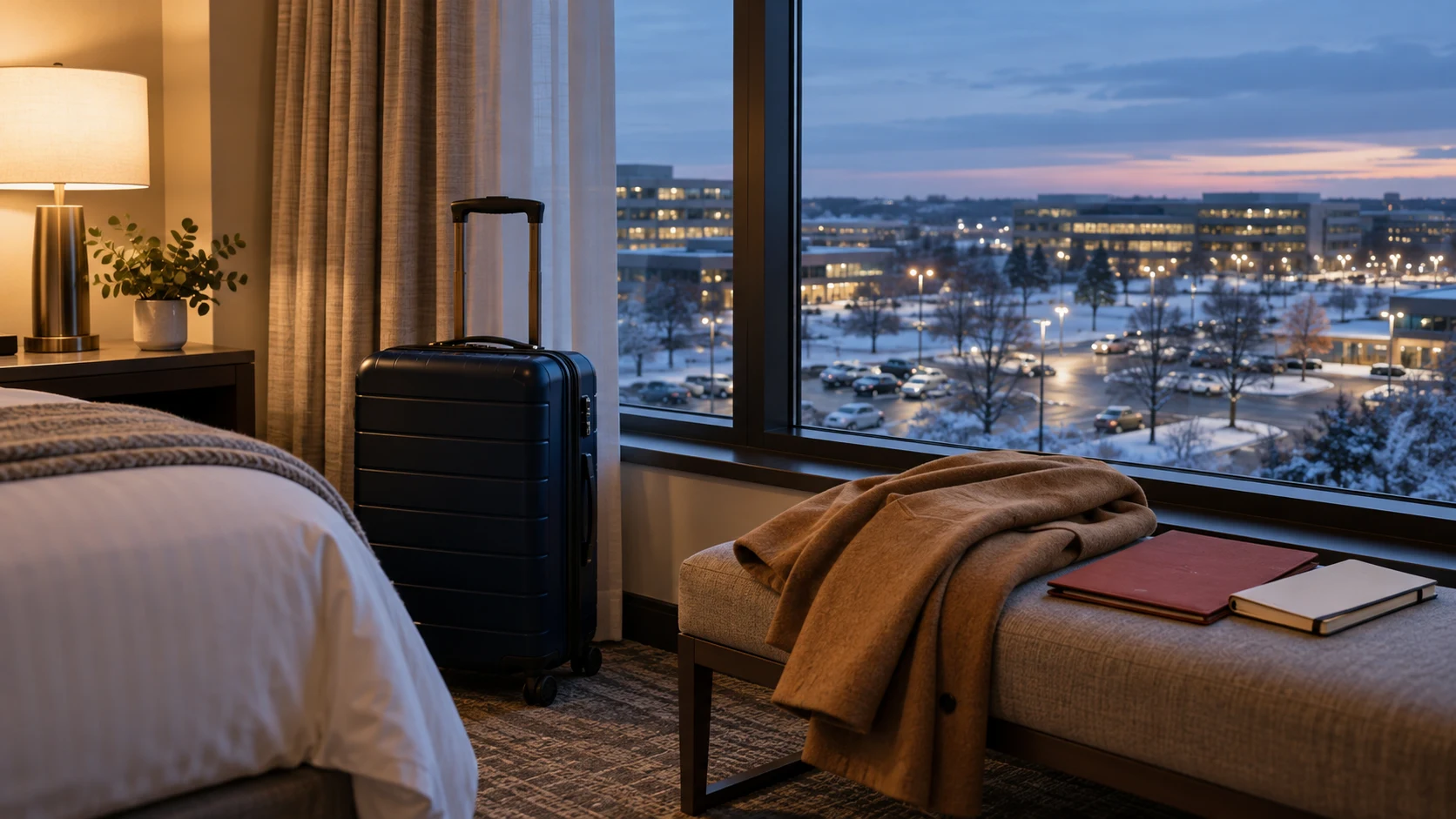 Editorial illustration of a suitcase, winter coat and course folder in a hotel room overlooking a snowy suburban office park.
