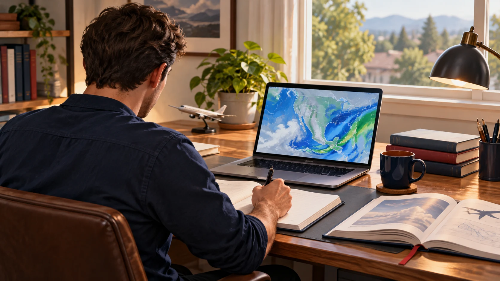 Illustration of an adult studying aviation weather at a home desk with a laptop and notebook.