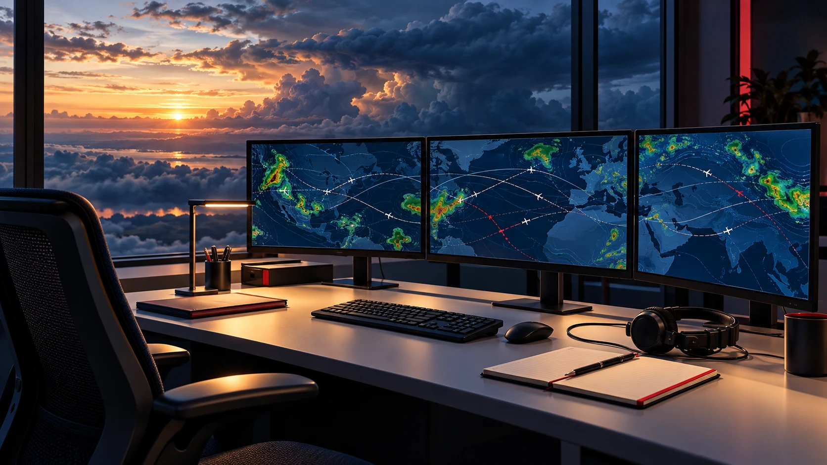 Concept illustration of a dispatch workstation with abstract weather displays against a dramatic dawn sky.