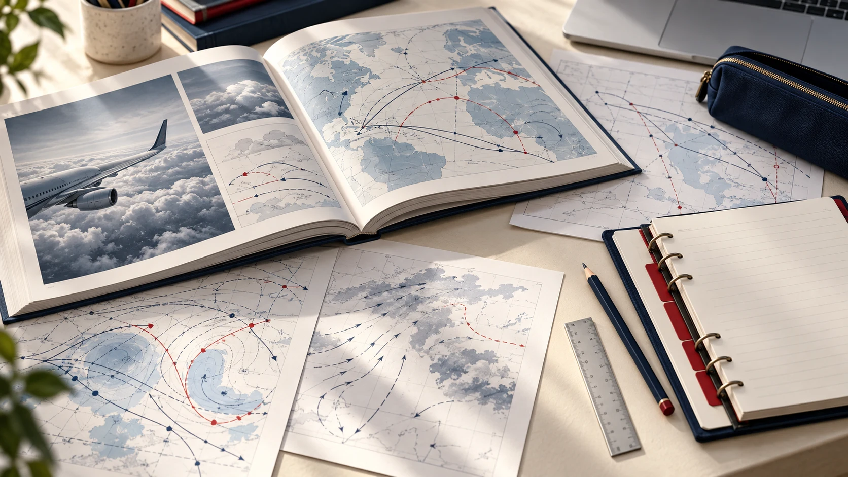 Illustration of aviation reference books, abstract route diagrams and a notebook arranged for exam study.