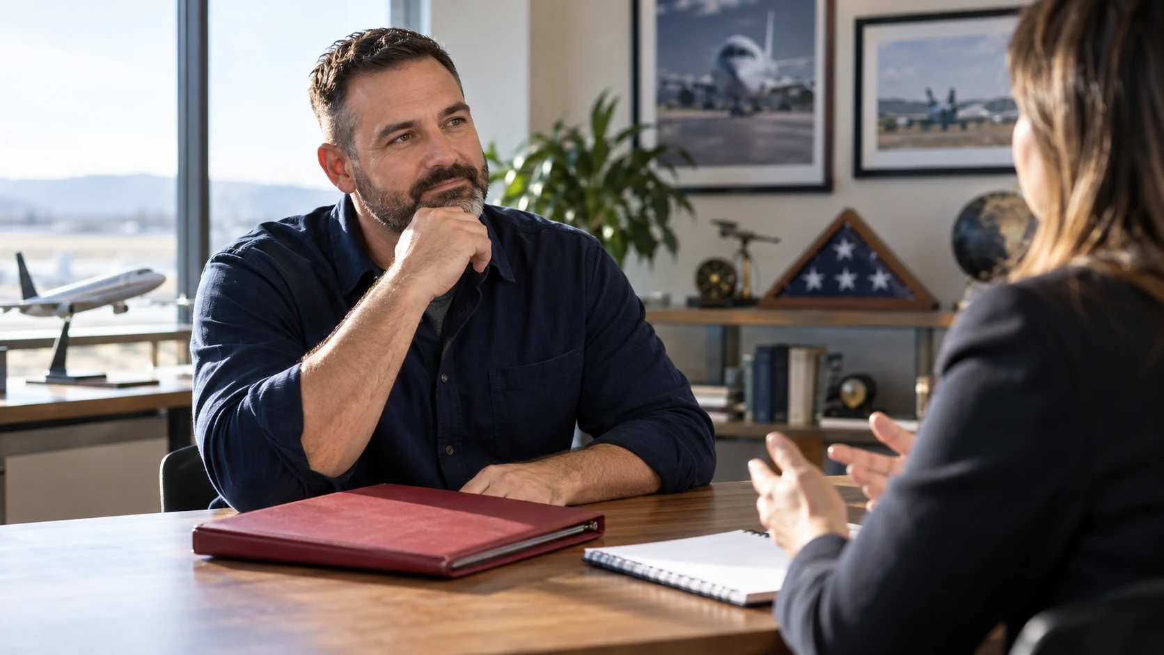 Editorial illustration of a veteran in civilian clothes discussing aviation training with an advisor.