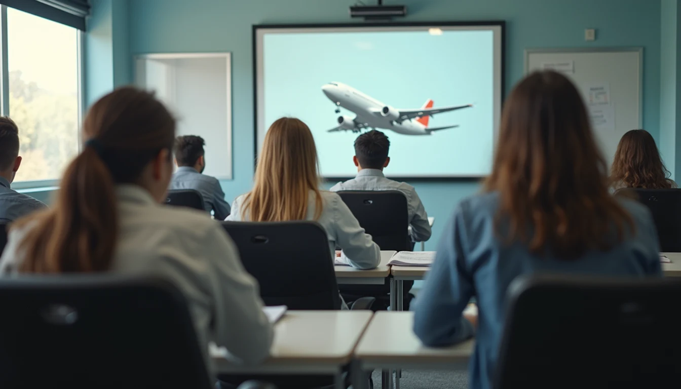Eye-level view of a classroom setting with students engaged in flight dispatcher training