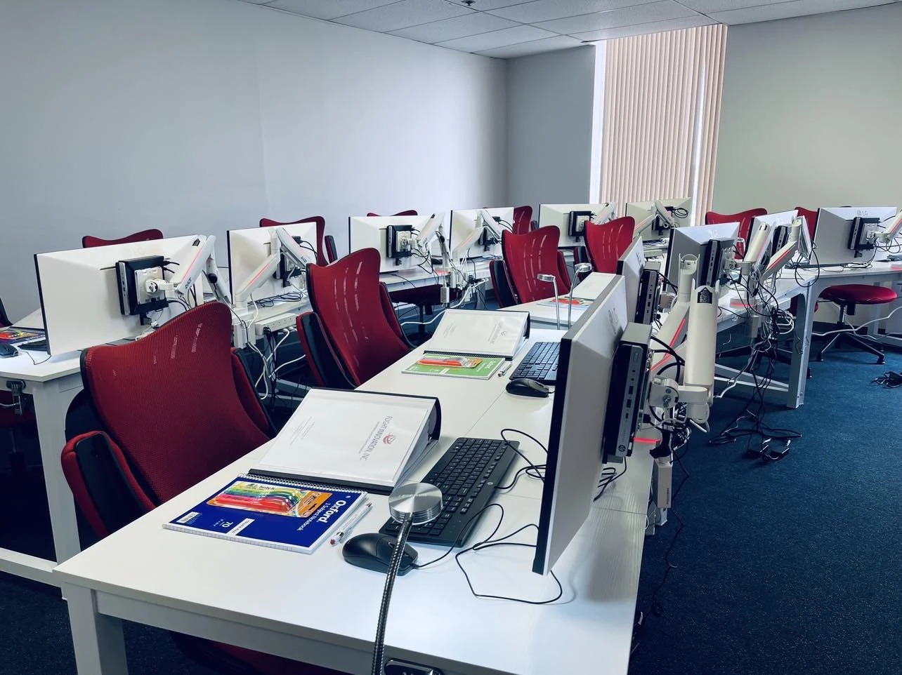 Eye-level view of a training classroom with students