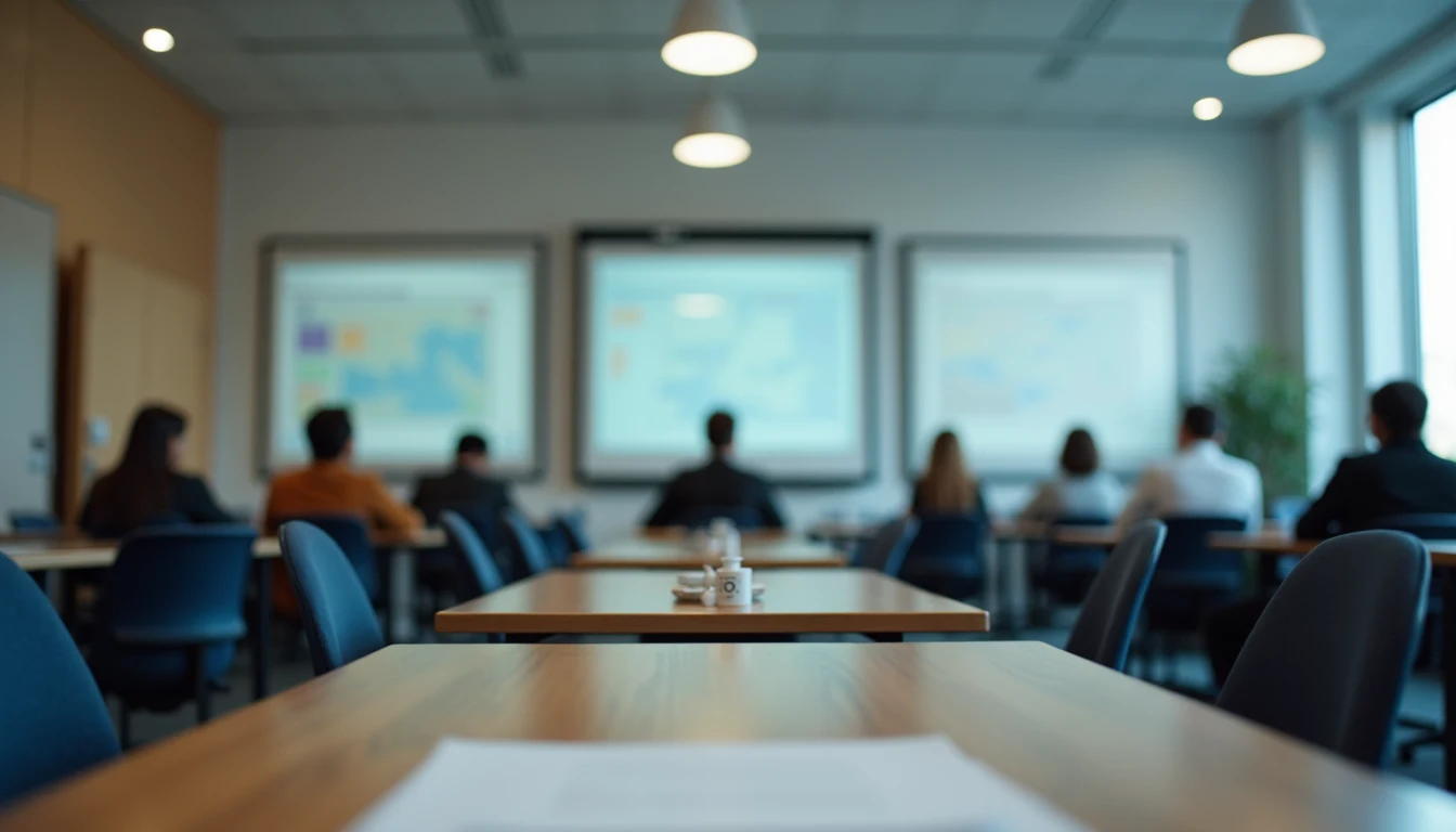 Eye-level view of a classroom with aviation training materials